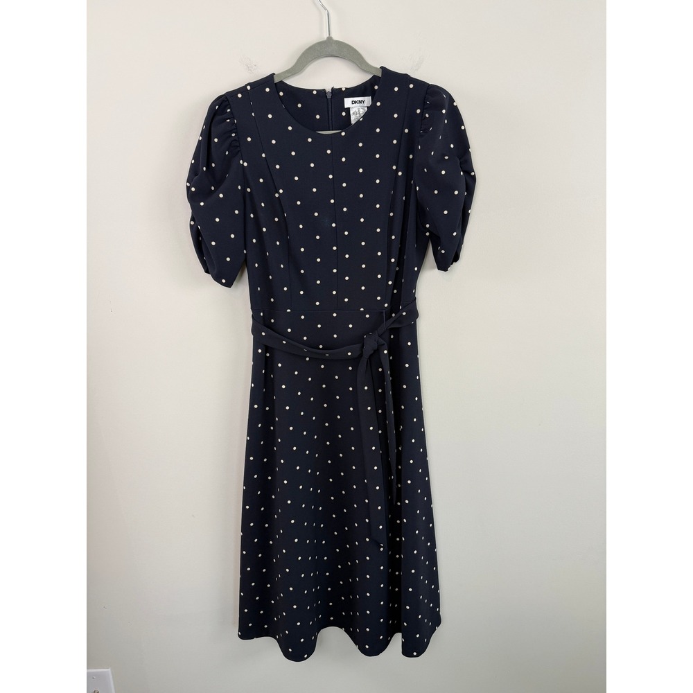 DKNY Dress Navy Blue Polka Dot 8 Short Puff Sleeve Midi Tie Waist Office